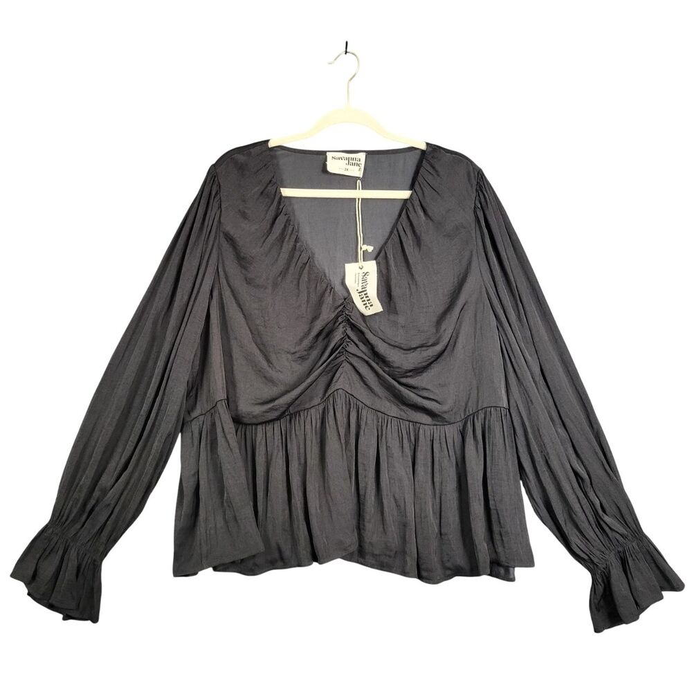 NWT SAVANNA JANE Black Satin Ruched Long Sleeve Top Fairy Whimsigoth SIZE 2X
